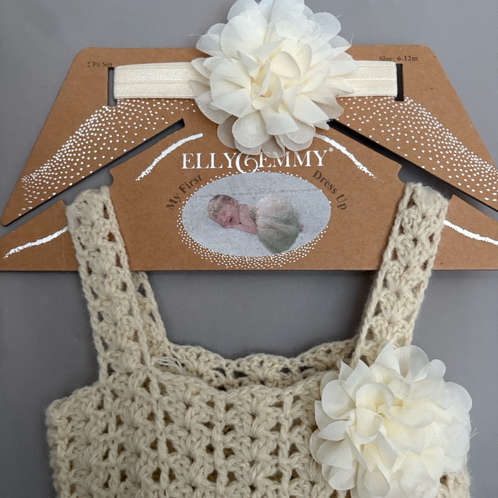 Elly&Emmy handmade Cream Crochet Dress with Floral Headband size 6-12months